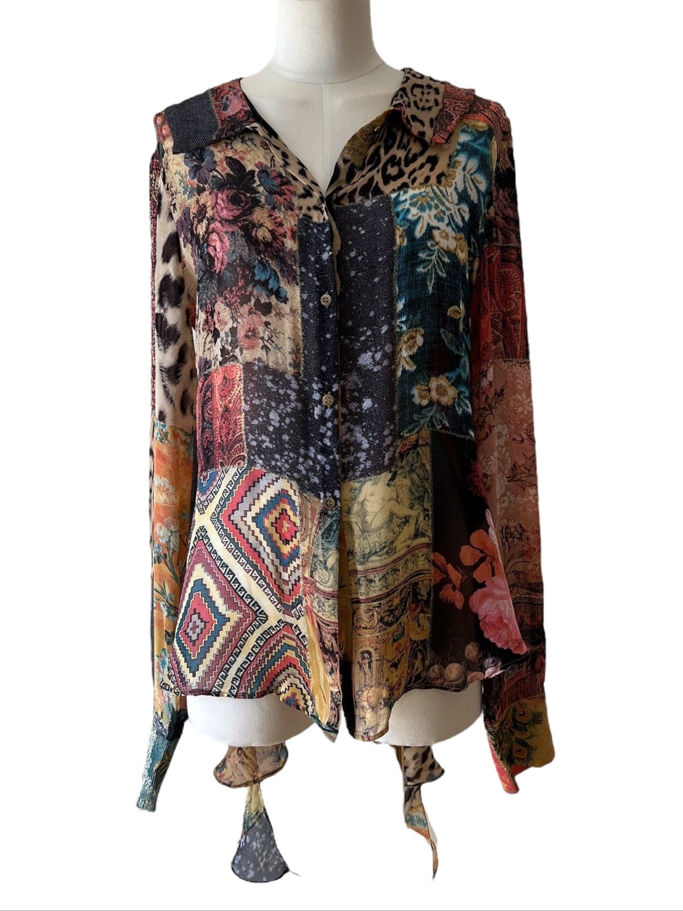 Roberto Cavalli printed silk blouse with hanging foulard