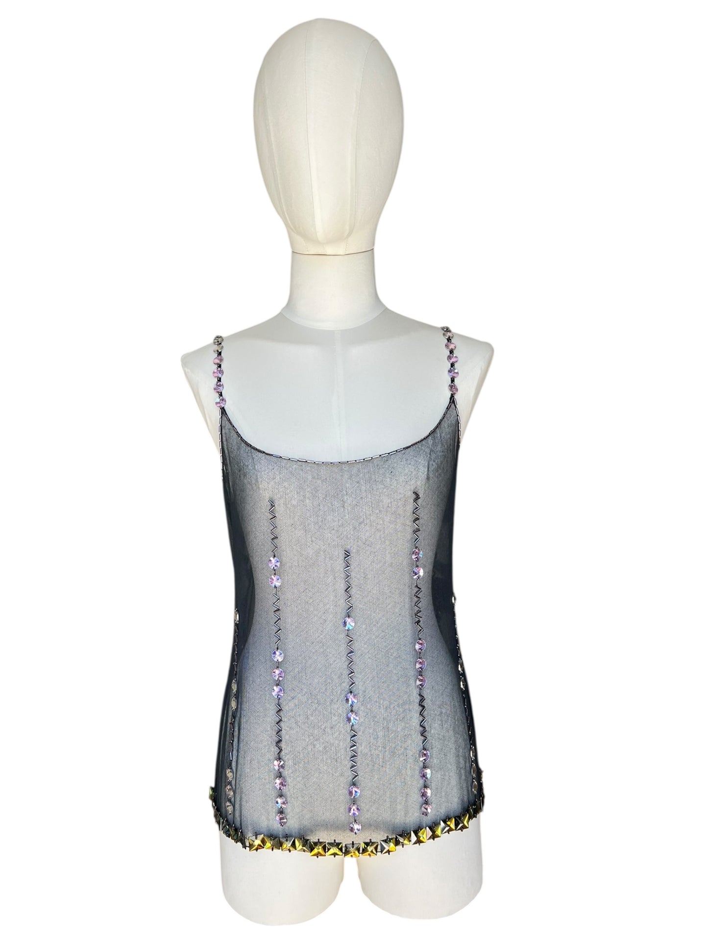 Prada FW1997 Black Tulle Top with Lilac and Onyx-Yellow Crystals