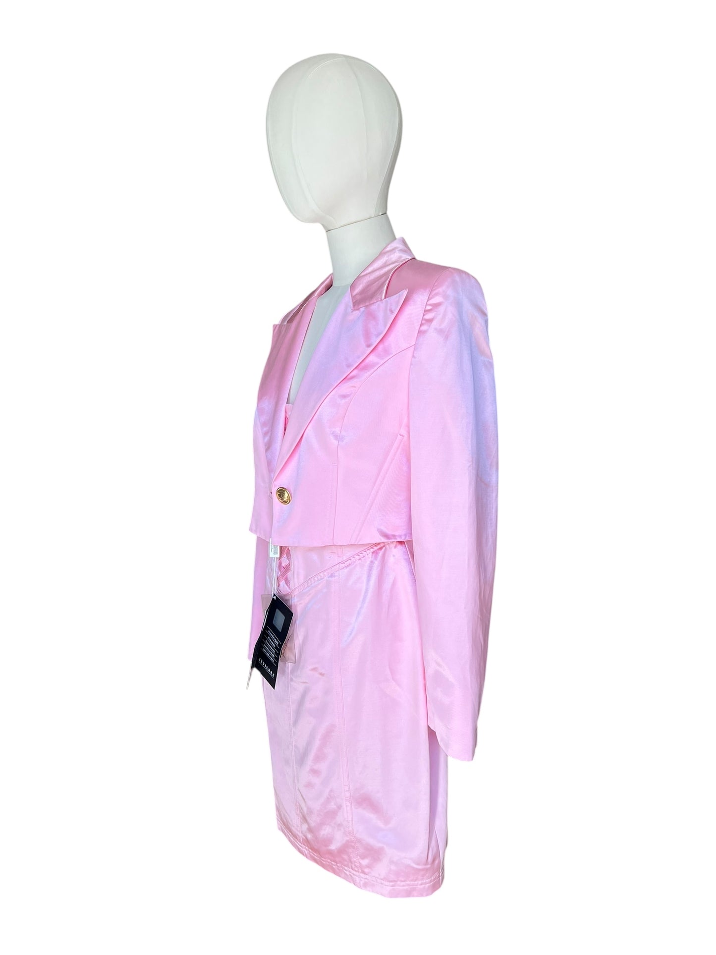 Vintage 1990s Versus by Gianni Versace Pink Satin Mini Dress and Cropped Jacket Set