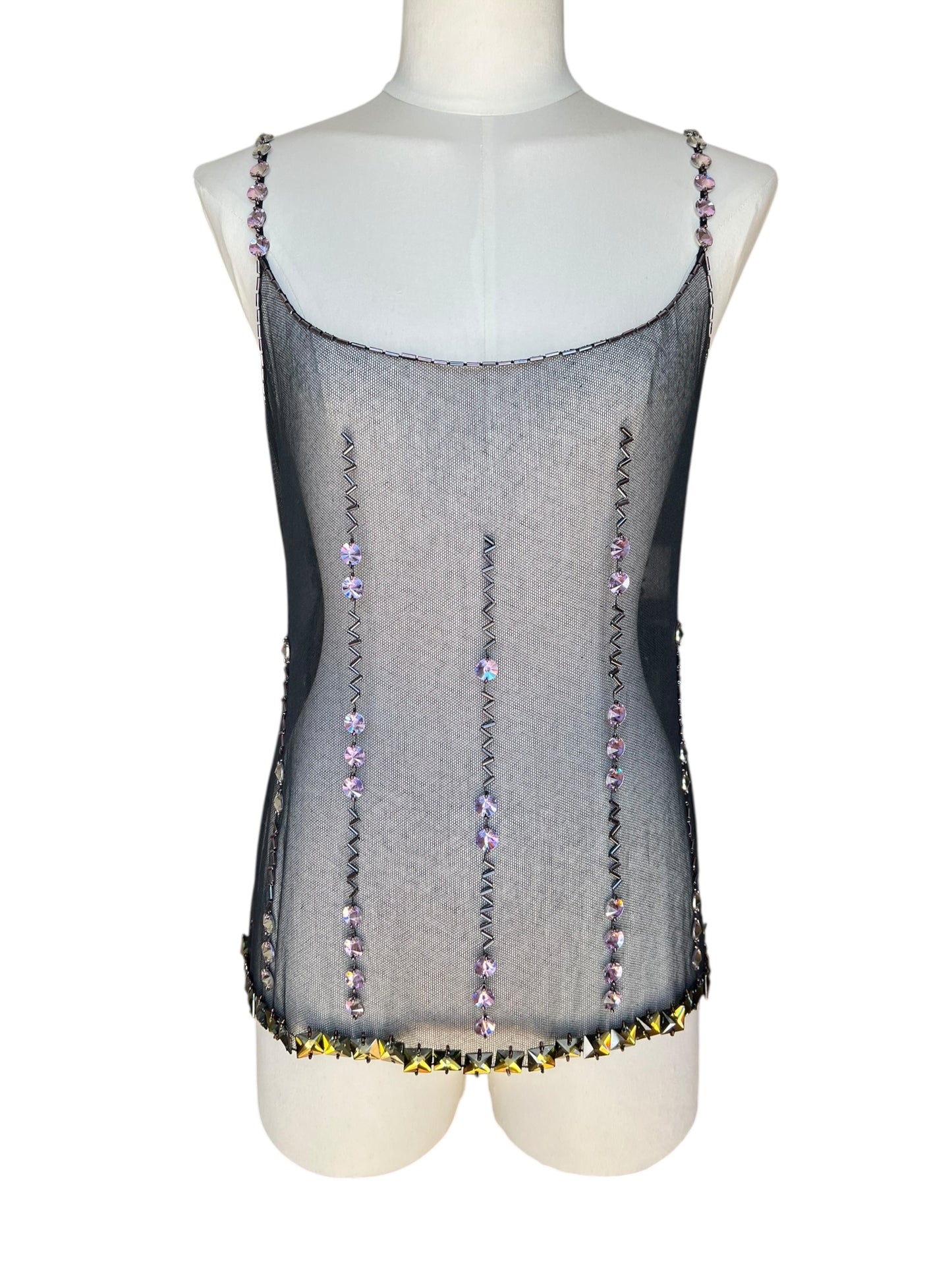 Prada FW1997 Black Tulle Top with Lilac and Onyx-Yellow Crystals