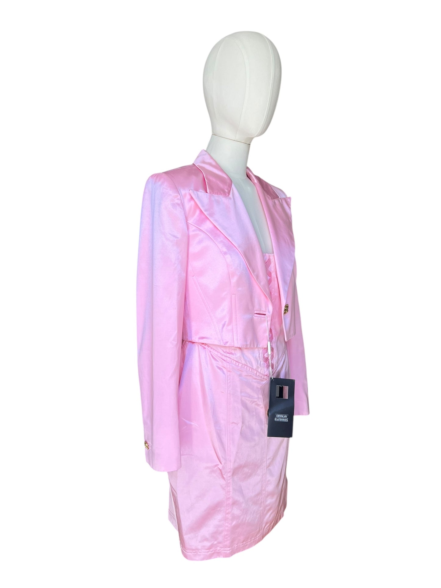 Vintage 1990s Versus by Gianni Versace Pink Satin Mini Dress and Cropped Jacket Set