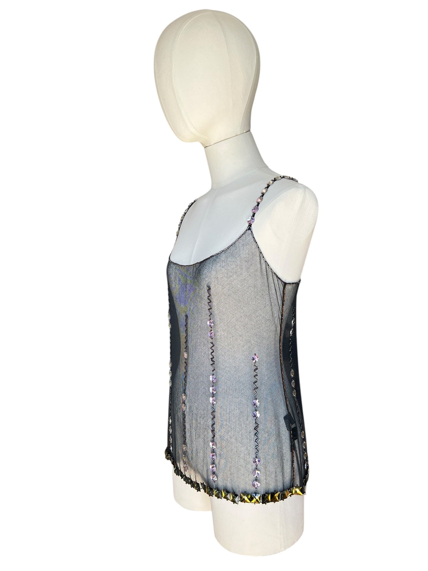 Prada FW1997 Black Tulle Top with Lilac and Onyx-Yellow Crystals