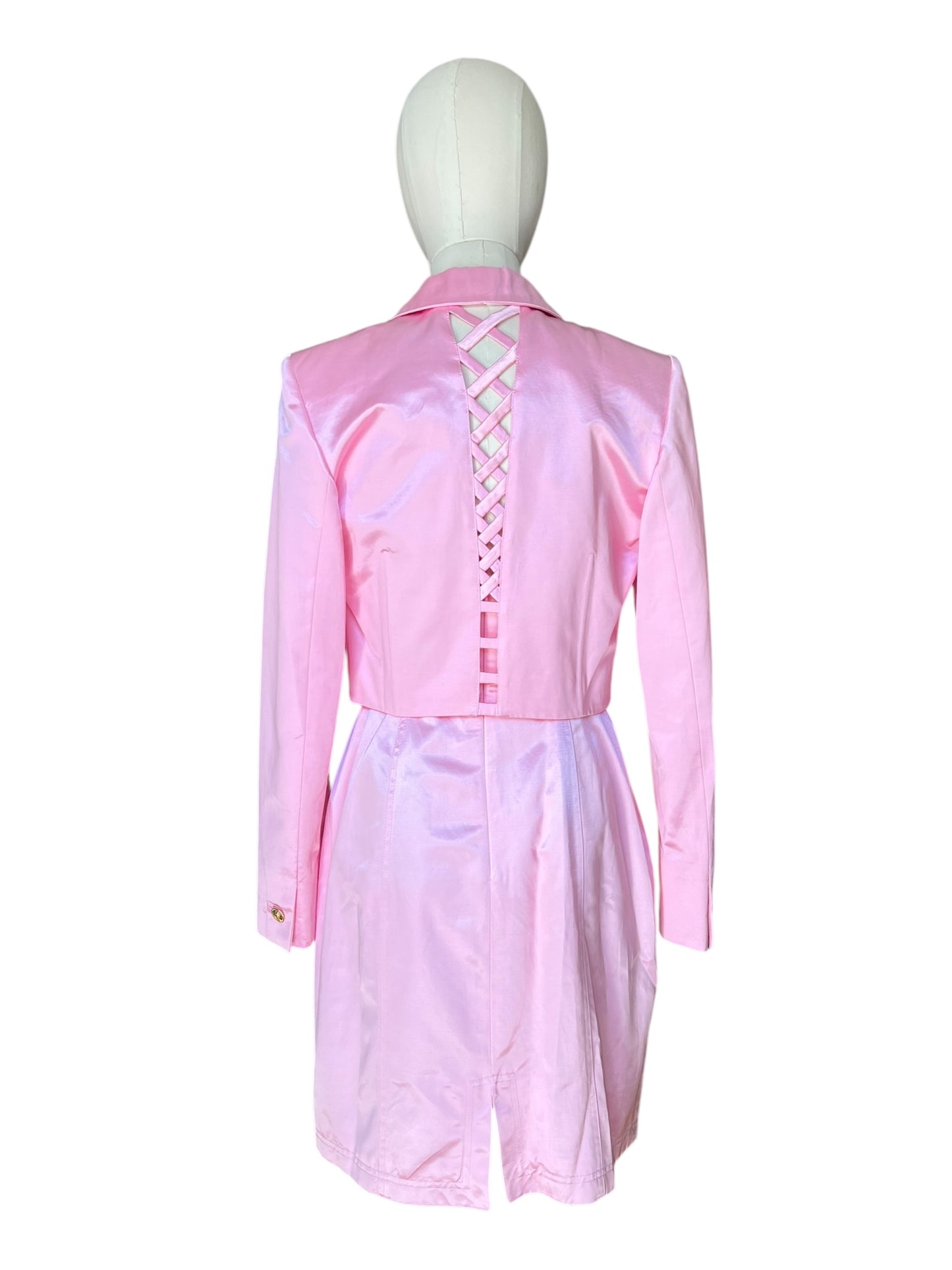 Vintage 1990s Versus by Gianni Versace Pink Satin Mini Dress and Cropped Jacket Set