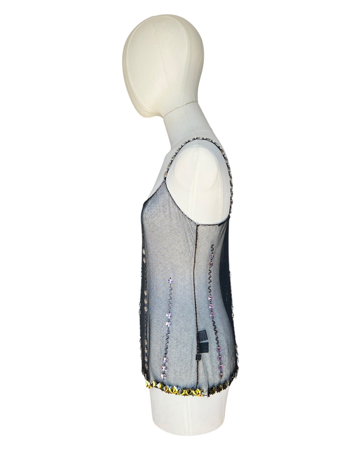 Prada FW1997 Black Tulle Top with Lilac and Onyx-Yellow Crystals