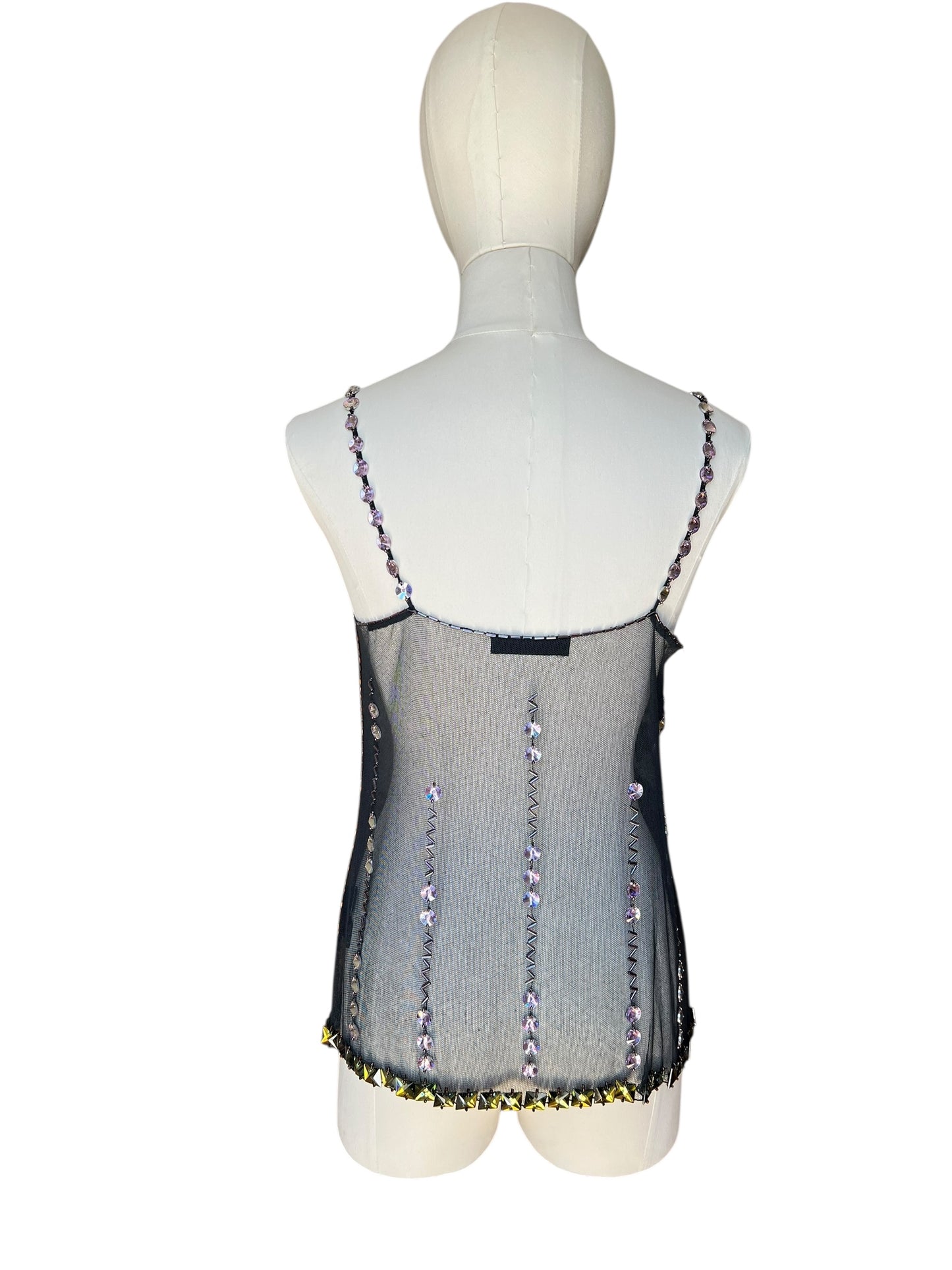 Prada FW1997 Black Tulle Top with Lilac and Onyx-Yellow Crystals