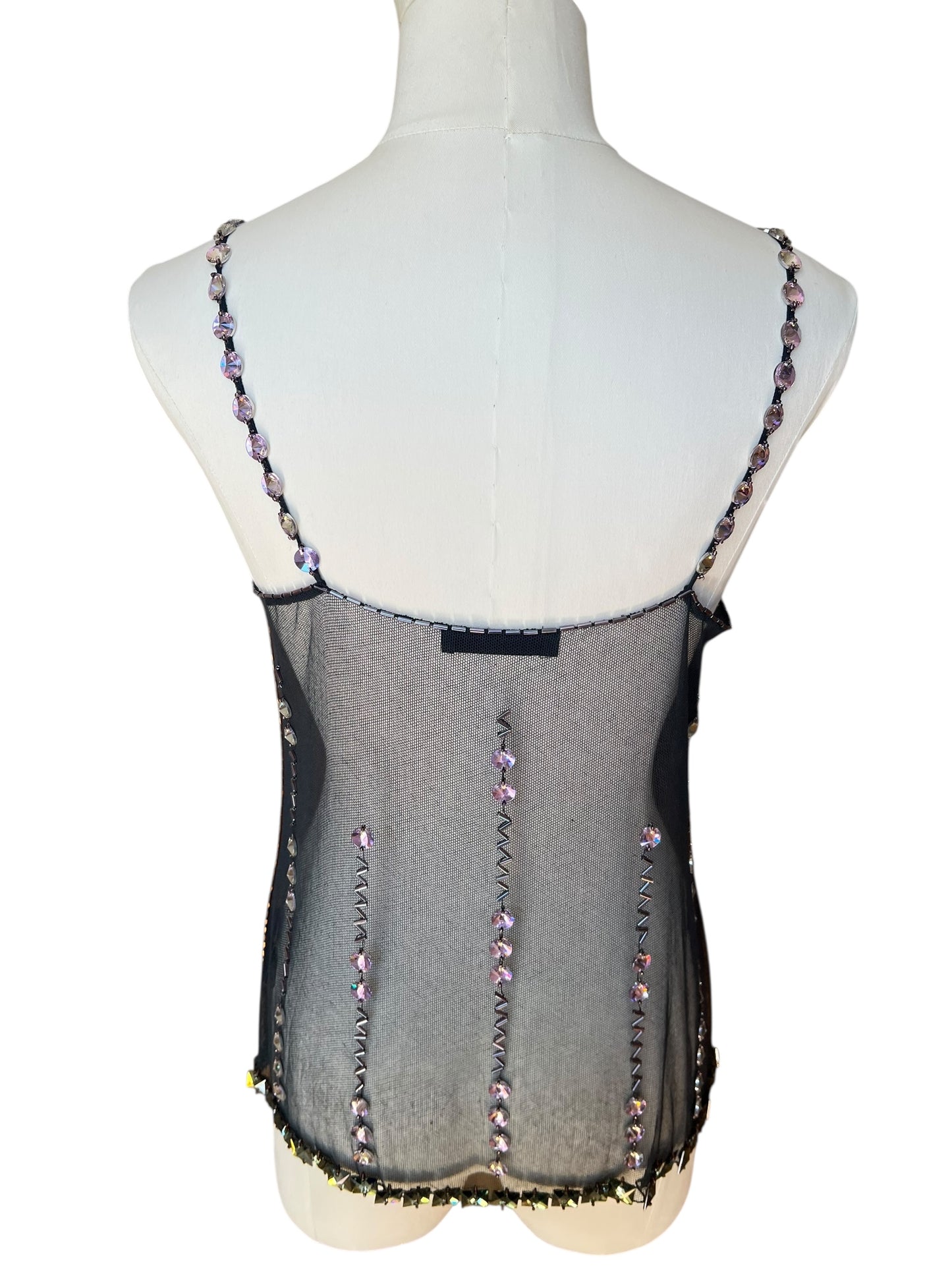 Prada FW1997 Black Tulle Top with Lilac and Onyx-Yellow Crystals