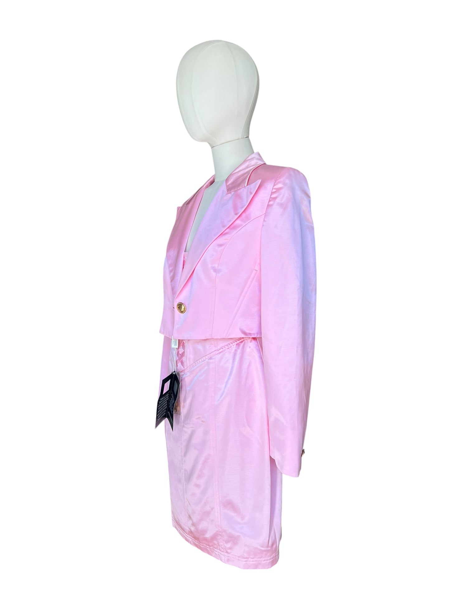 Vintage 1990s Versus by Gianni Versace Pink Satin Mini Dress and Cropped Jacket Set