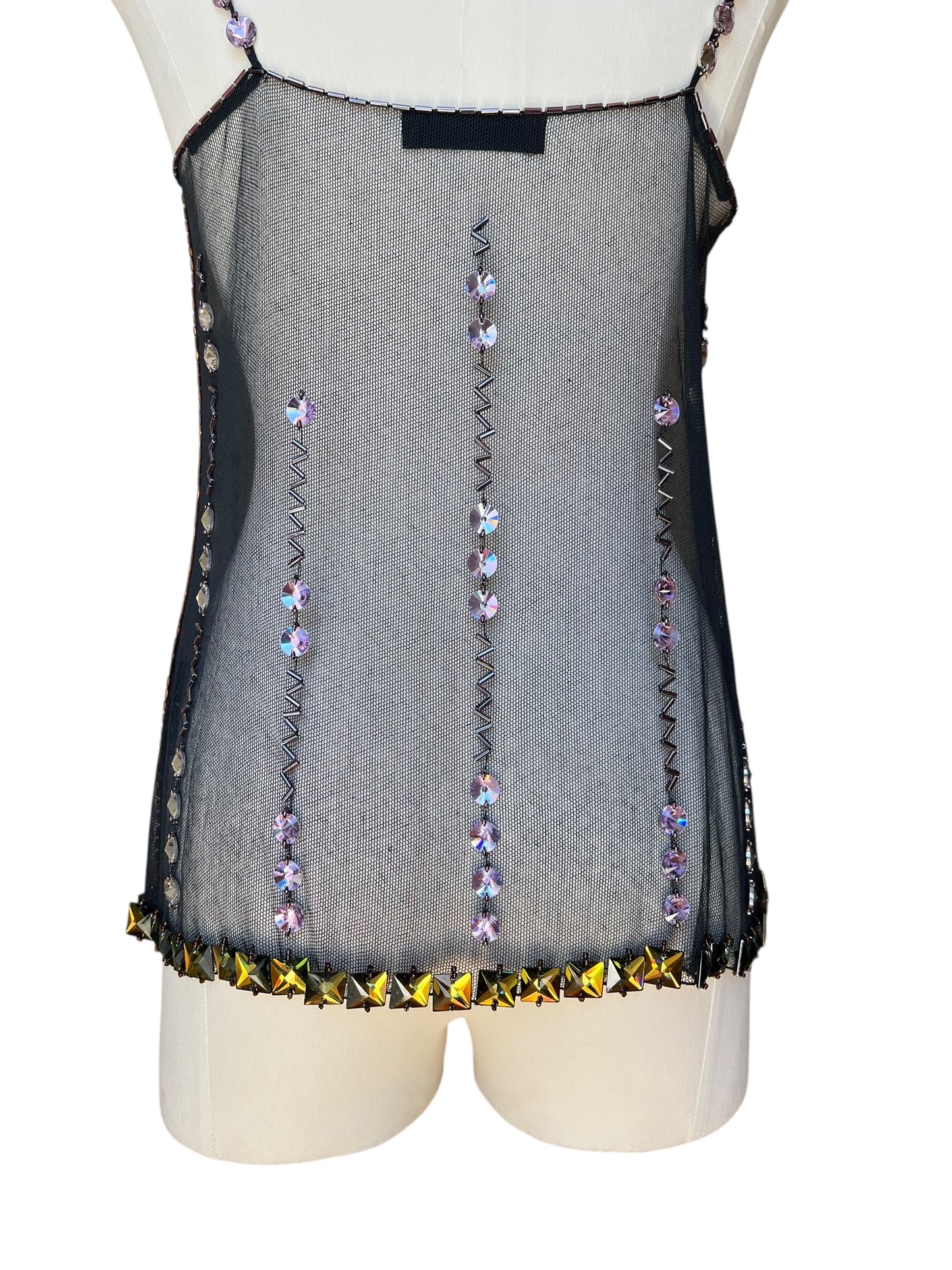 Prada FW1997 Black Tulle Top with Lilac and Onyx-Yellow Crystals