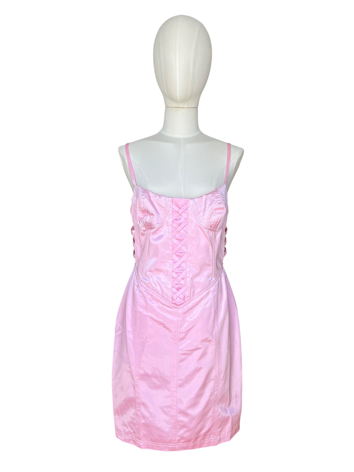 Vintage 1990s Versus by Gianni Versace Pink Satin Mini Dress and Cropped Jacket Set