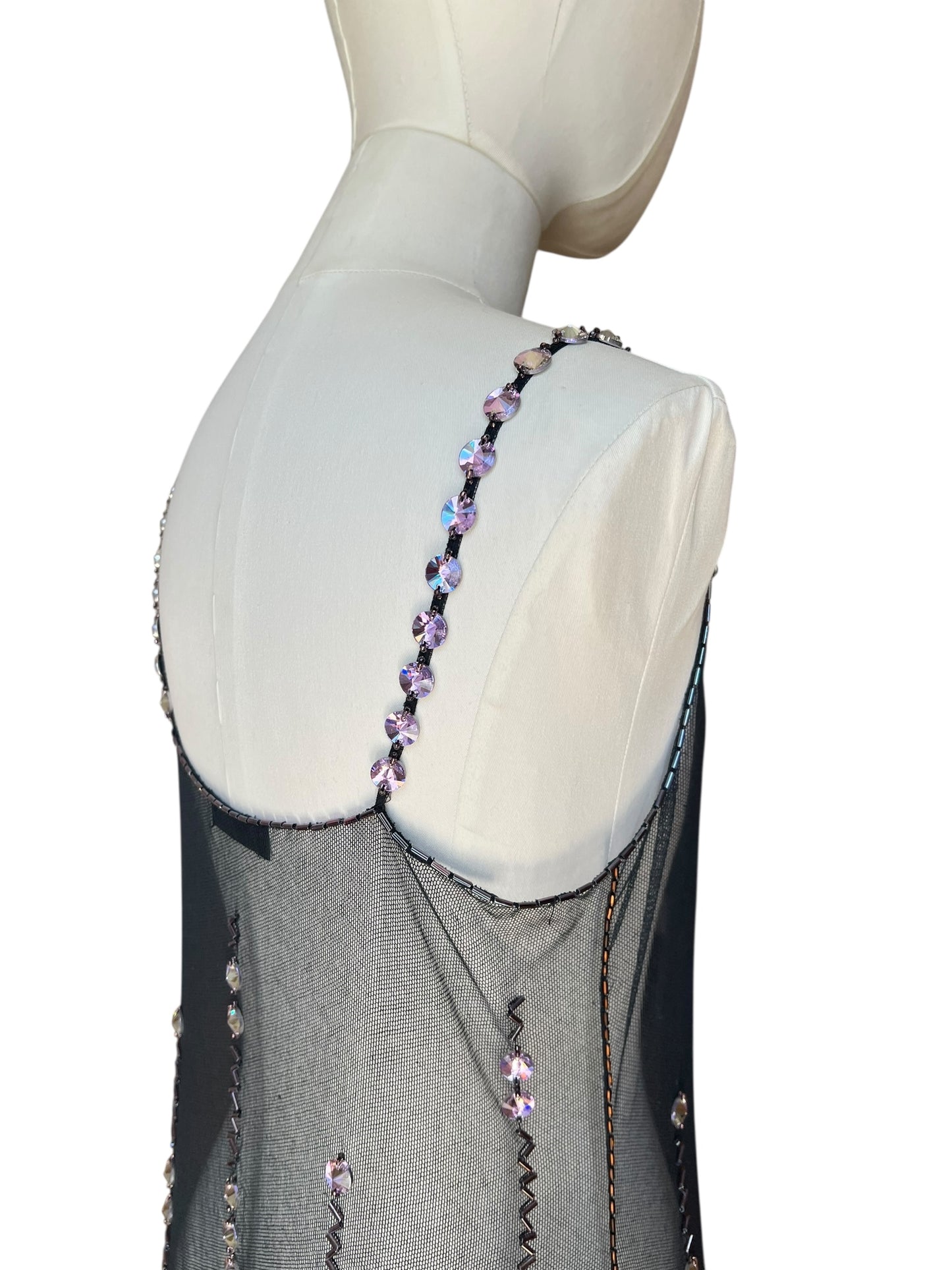 Prada FW1997 Black Tulle Top with Lilac and Onyx-Yellow Crystals