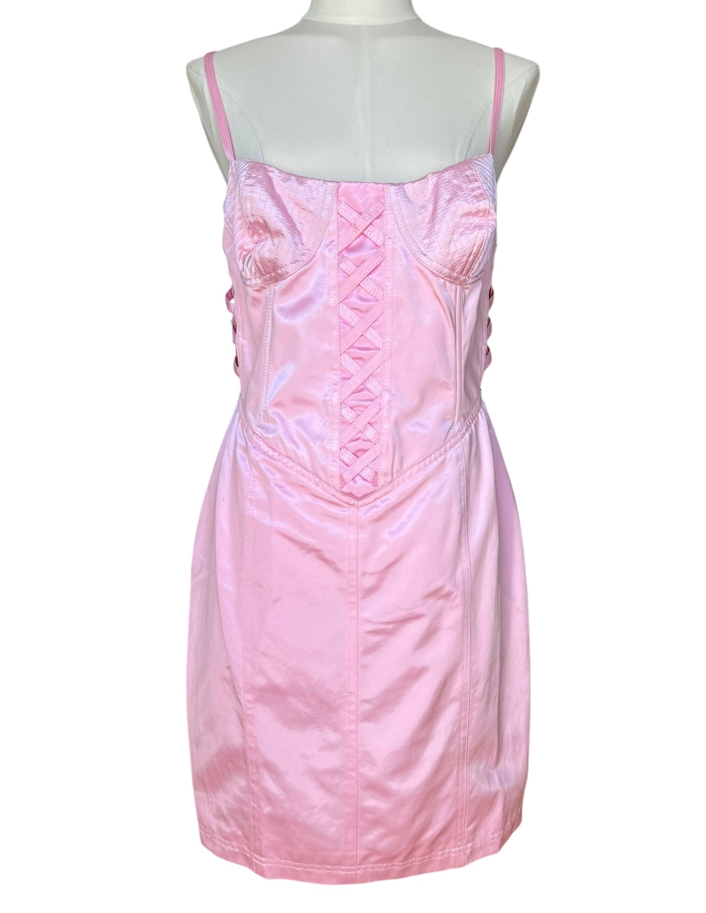 Vintage 1990s Versus by Gianni Versace Pink Satin Mini Dress and Cropped Jacket Set