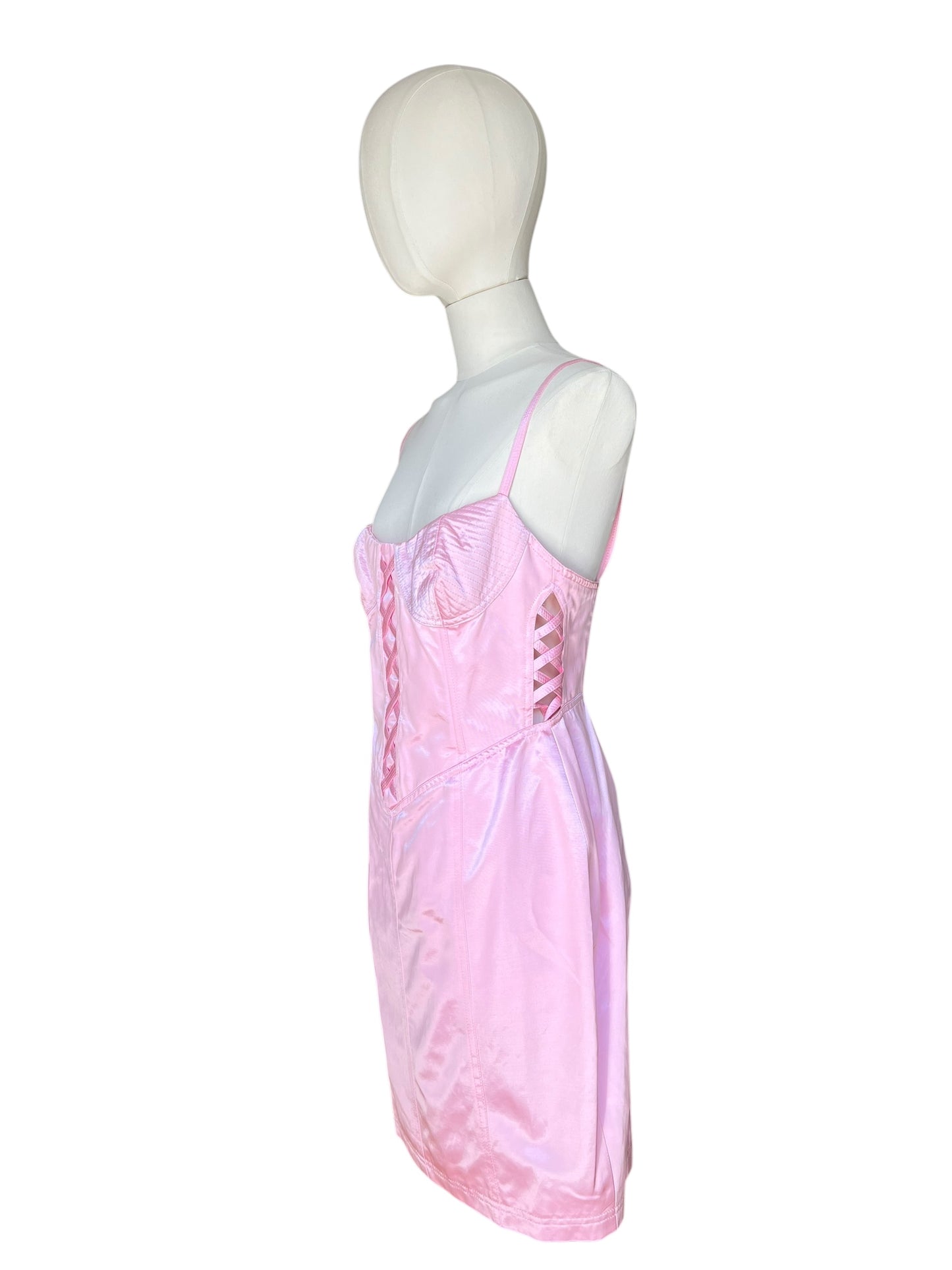 Vintage 1990s Versus by Gianni Versace Pink Satin Mini Dress and Cropped Jacket Set