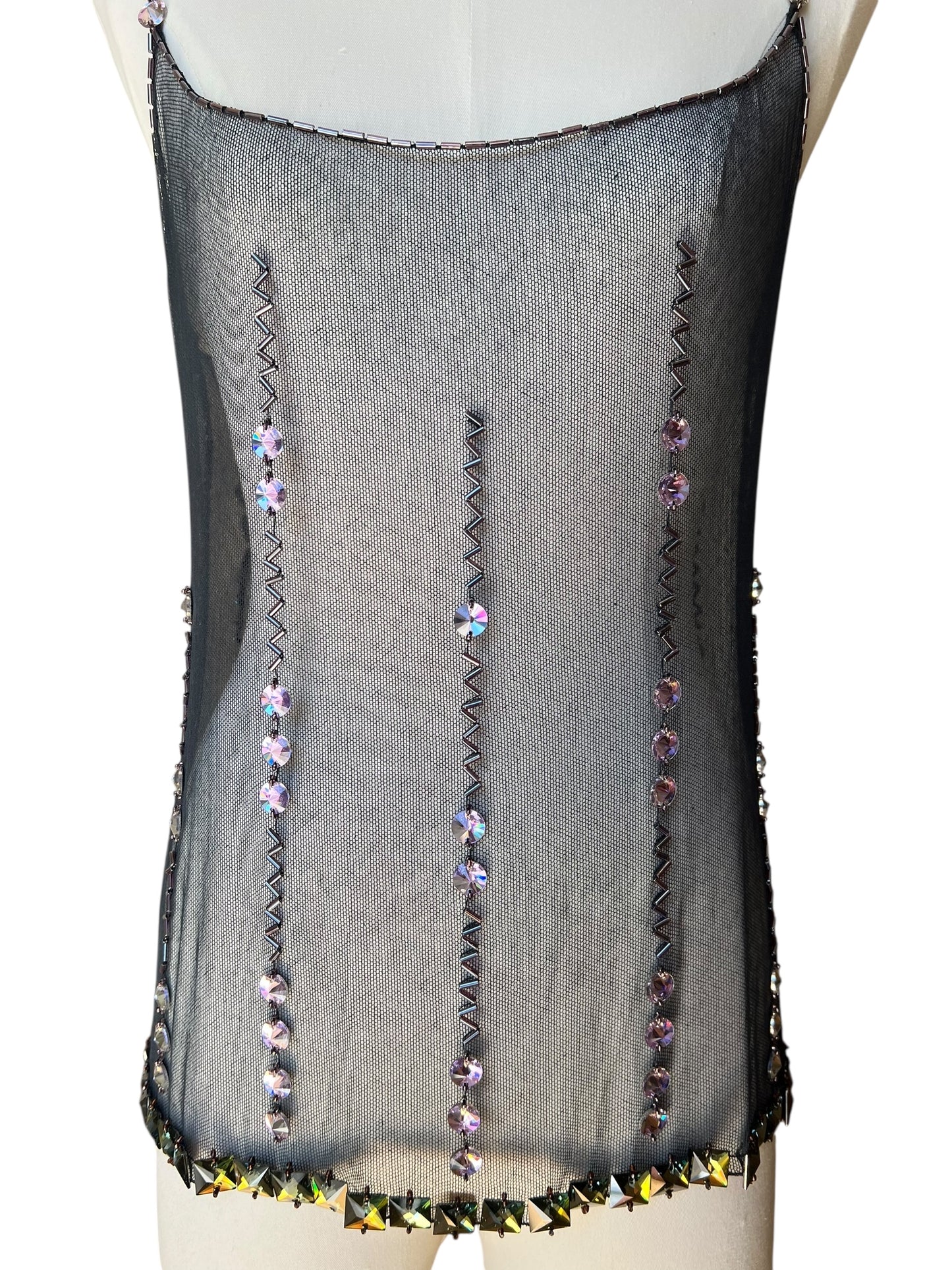 Prada FW1997 Black Tulle Top with Lilac and Onyx-Yellow Crystals