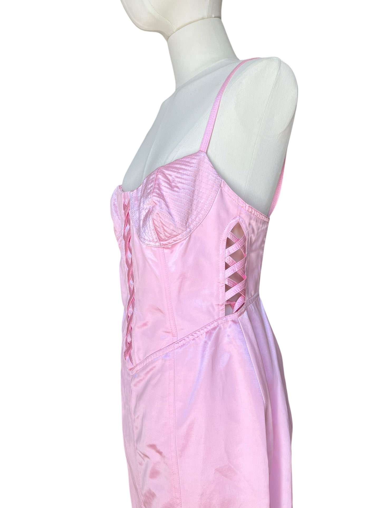 Vintage 1990s Versus by Gianni Versace Pink Satin Mini Dress and Cropped Jacket Set