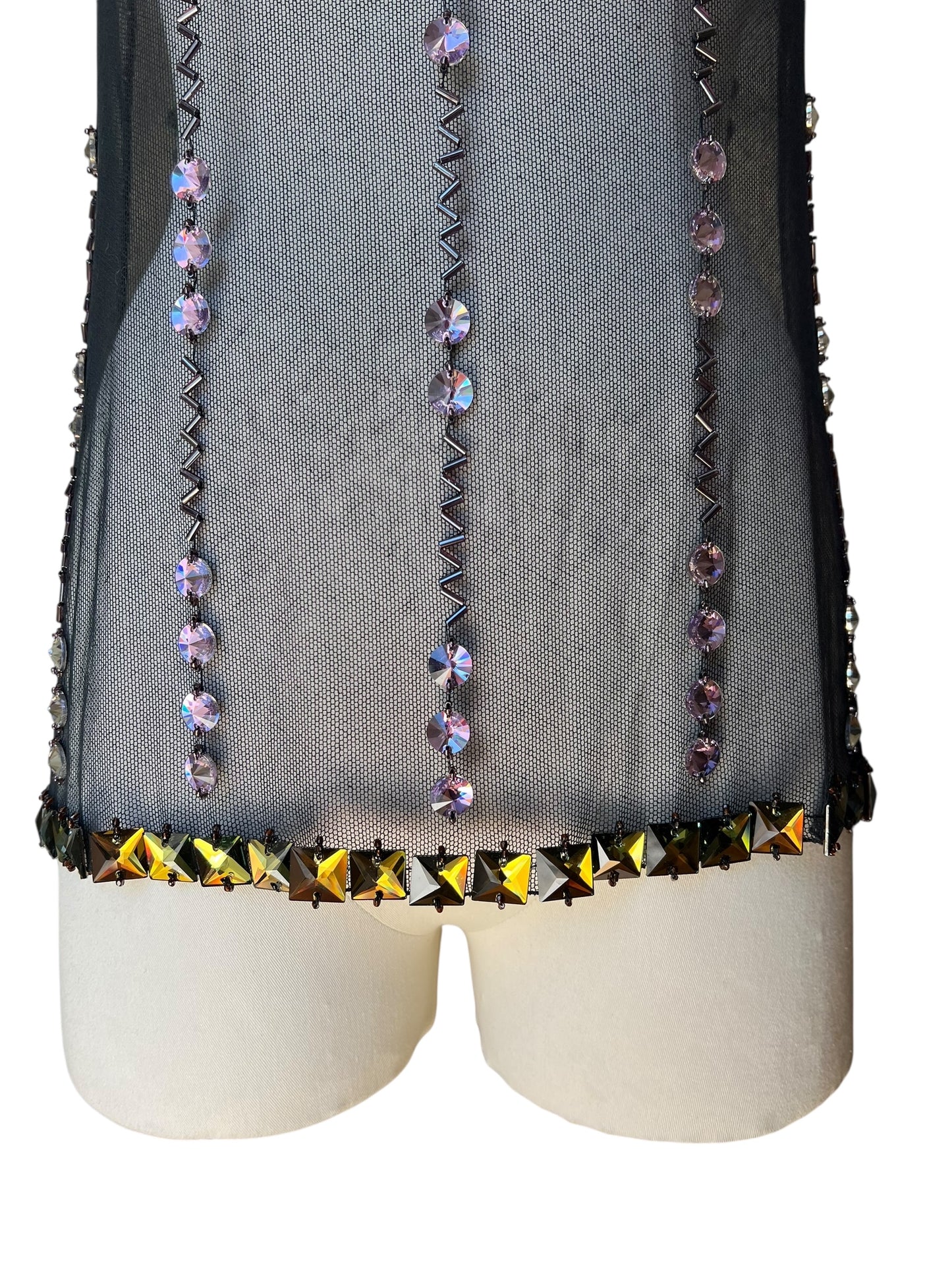 Prada FW1997 Black Tulle Top with Lilac and Onyx-Yellow Crystals