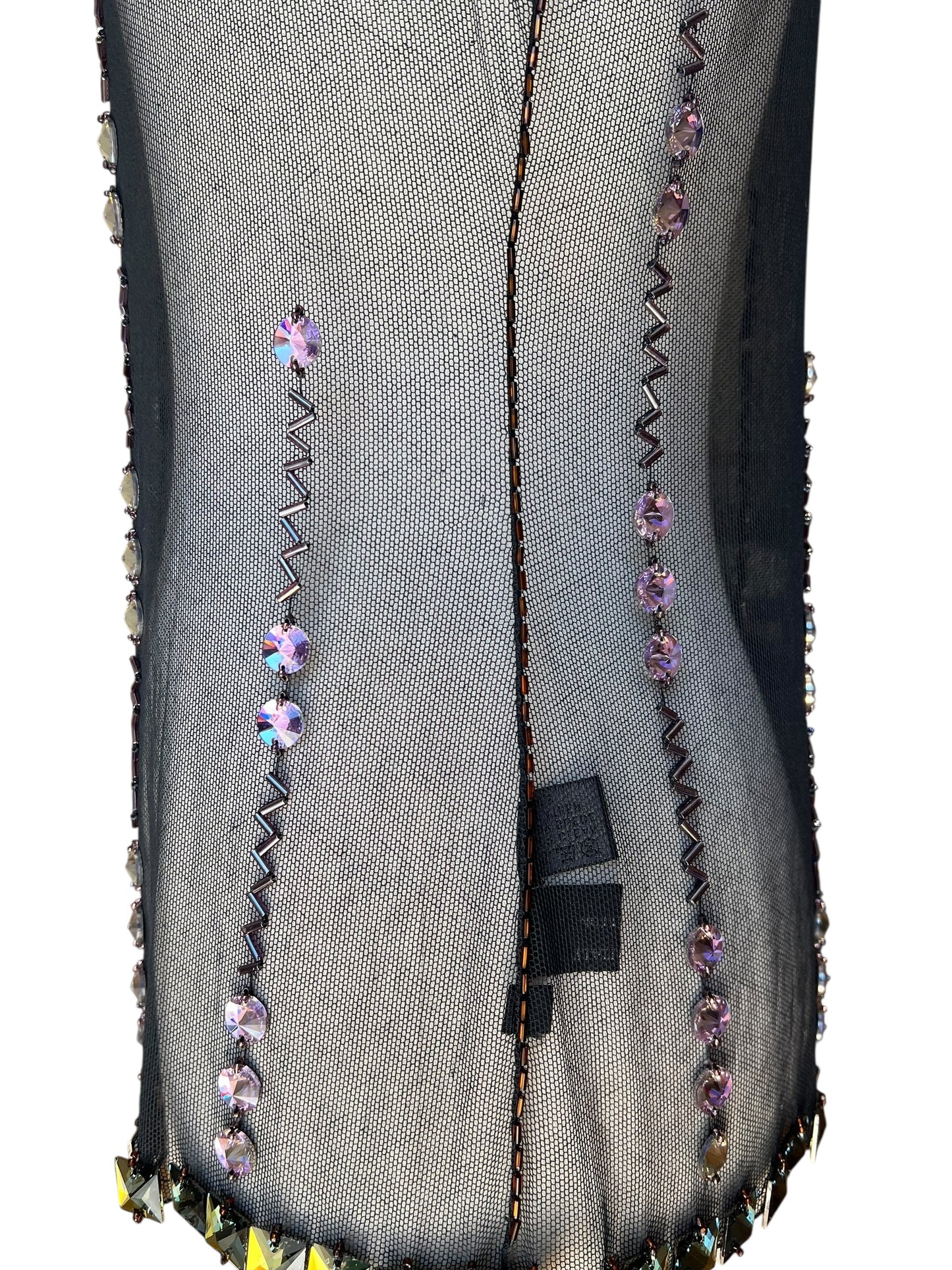 Prada FW1997 Black Tulle Top with Lilac and Onyx-Yellow Crystals