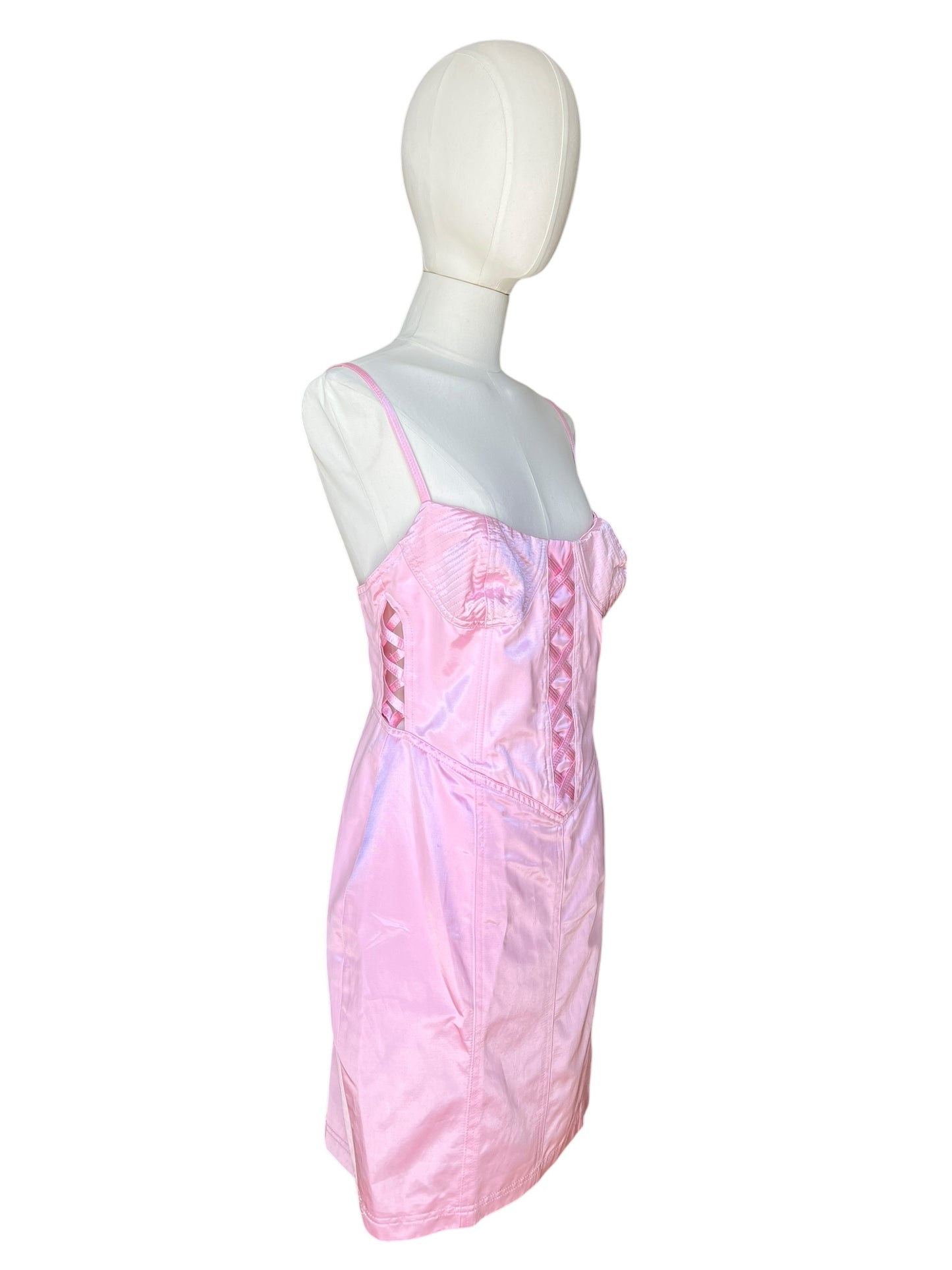 Vintage 1990s Versus by Gianni Versace Pink Satin Mini Dress and Cropped Jacket Set