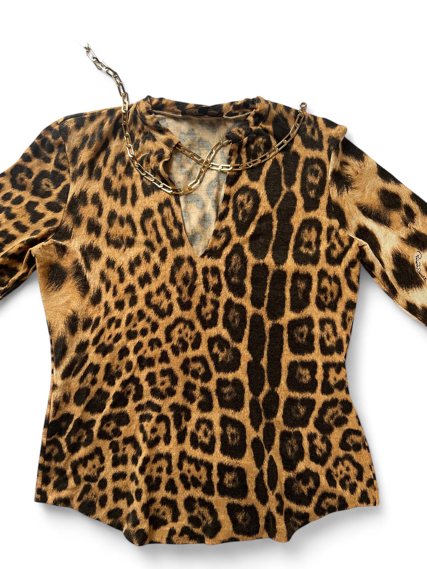 Roberto Cavalli cheetah print wool chain top