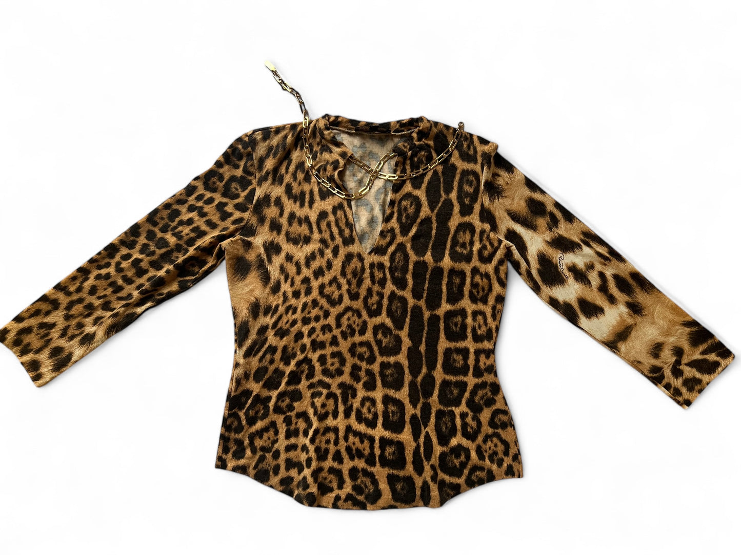 Roberto Cavalli cheetah print wool chain top