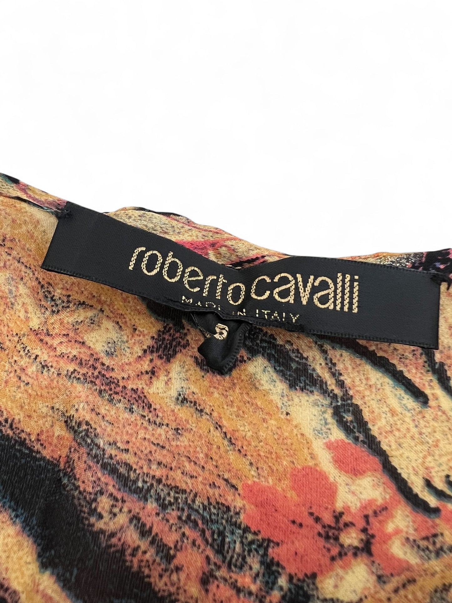 Roberto Cavalli printed silk blouse with hanging foulard