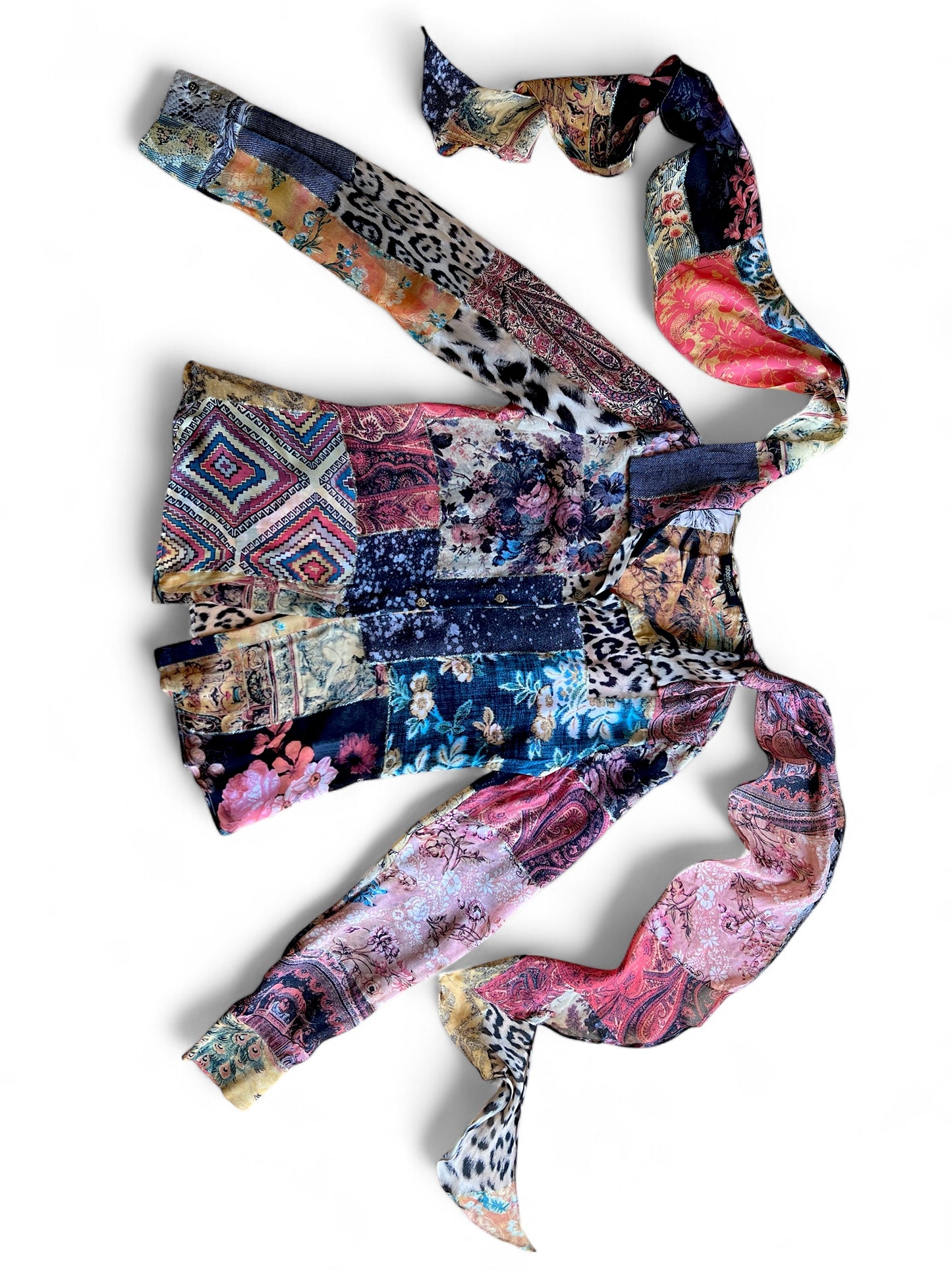Roberto Cavalli printed silk blouse with hanging foulard