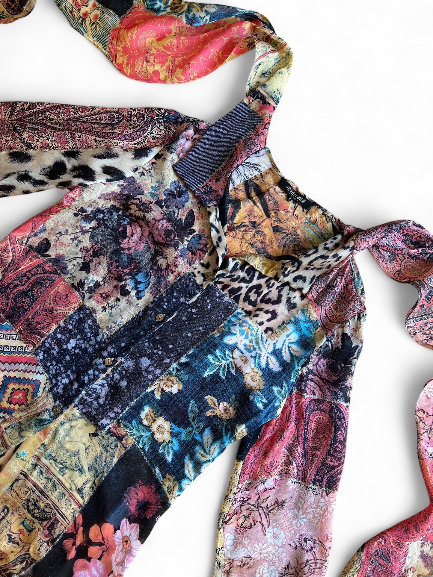 Roberto Cavalli printed silk blouse with hanging foulard