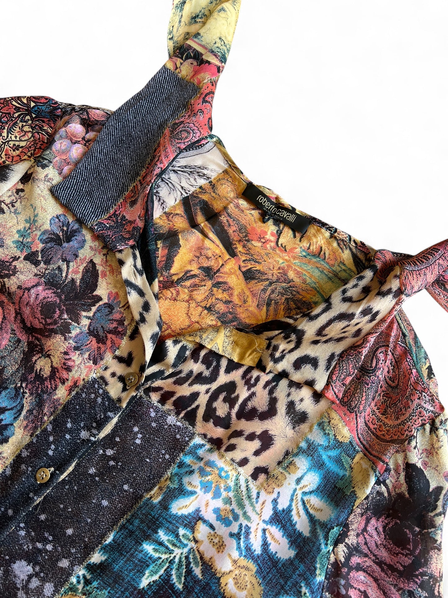 Roberto Cavalli printed silk blouse with hanging foulard