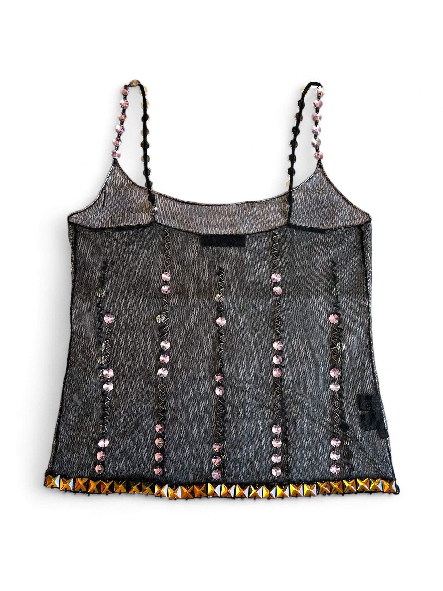 Prada FW1997 Black Tulle Top with Lilac and Onyx-Yellow Crystals