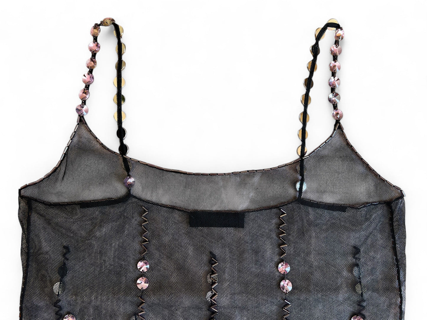 Prada FW1997 Black Tulle Top with Lilac and Onyx-Yellow Crystals