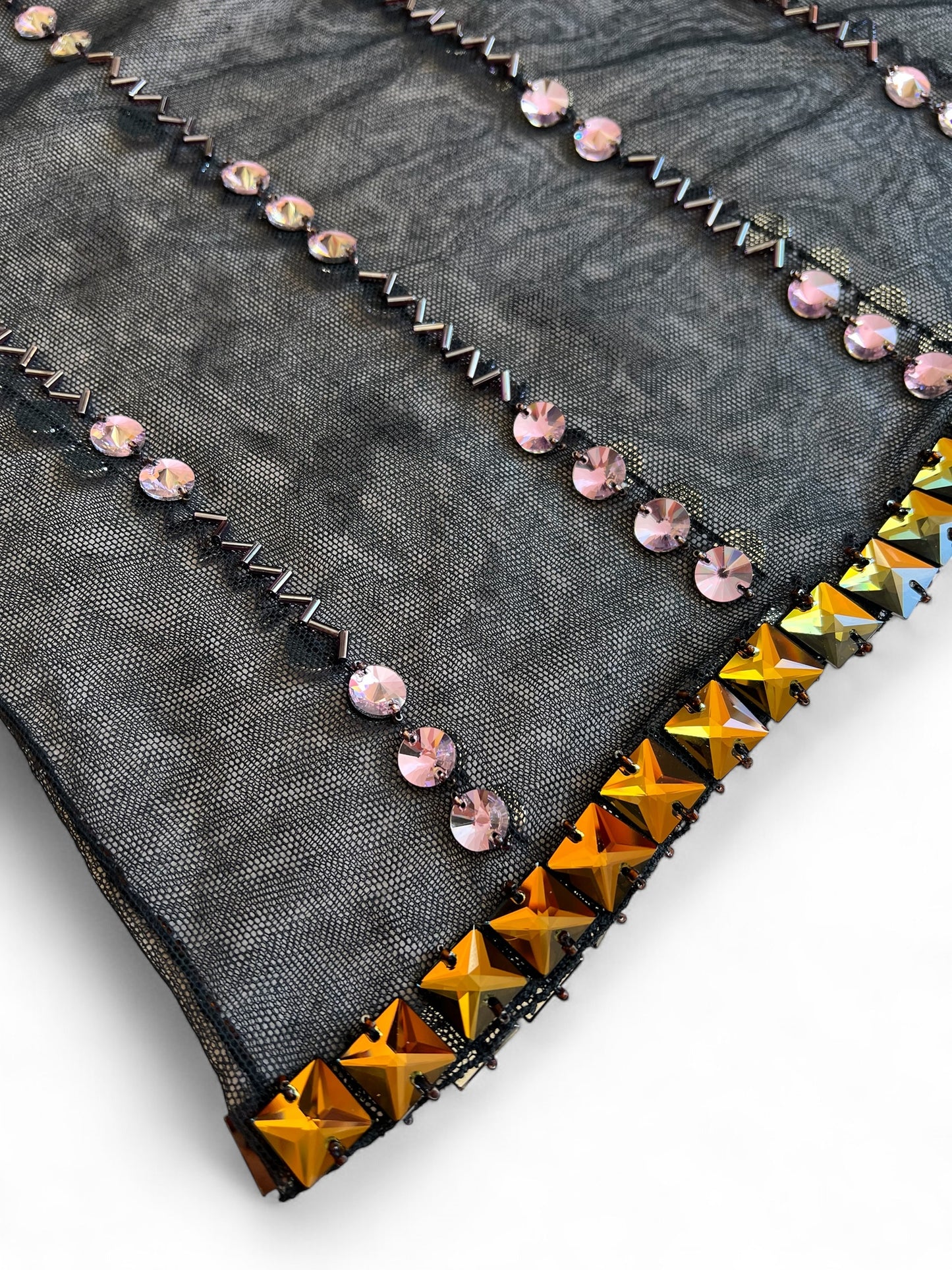 Prada FW1997 Black Tulle Top with Lilac and Onyx-Yellow Crystals