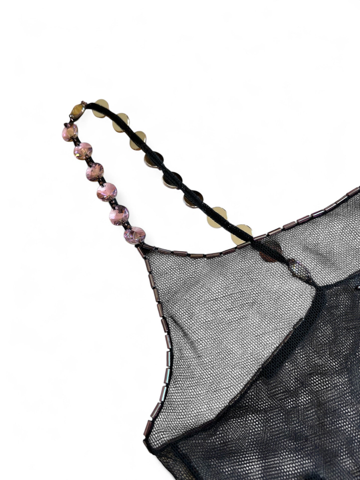 Prada FW1997 Black Tulle Top with Lilac and Onyx-Yellow Crystals