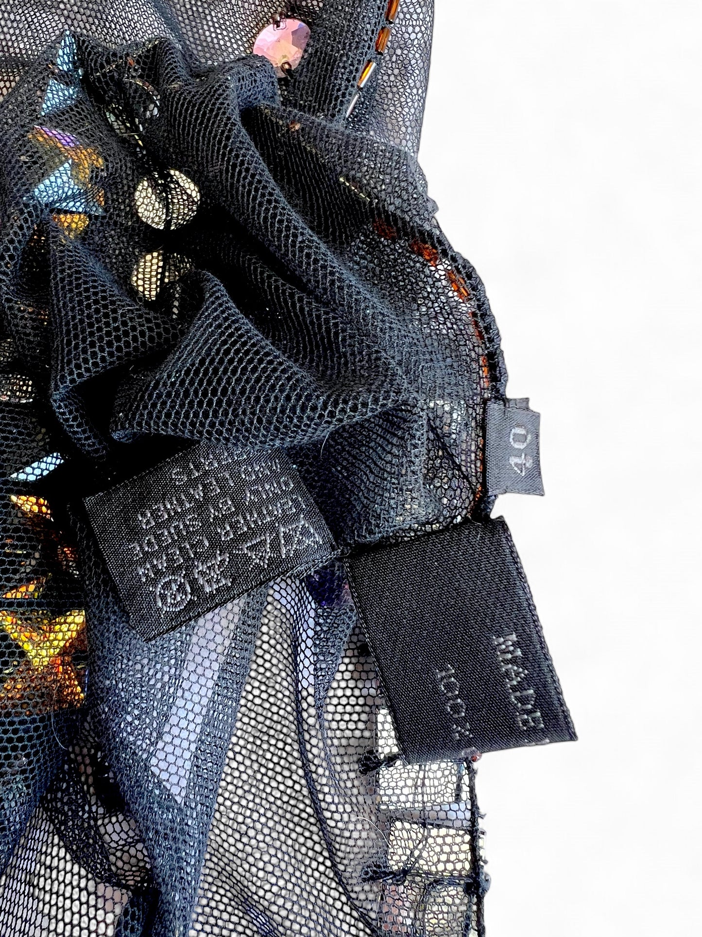 Prada FW1997 Black Tulle Top with Lilac and Onyx-Yellow Crystals