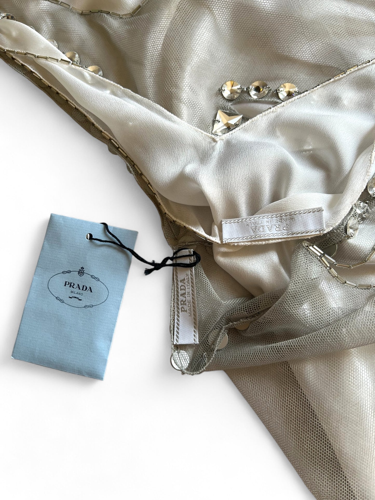 Prada FW 1997 embellished white mini dress