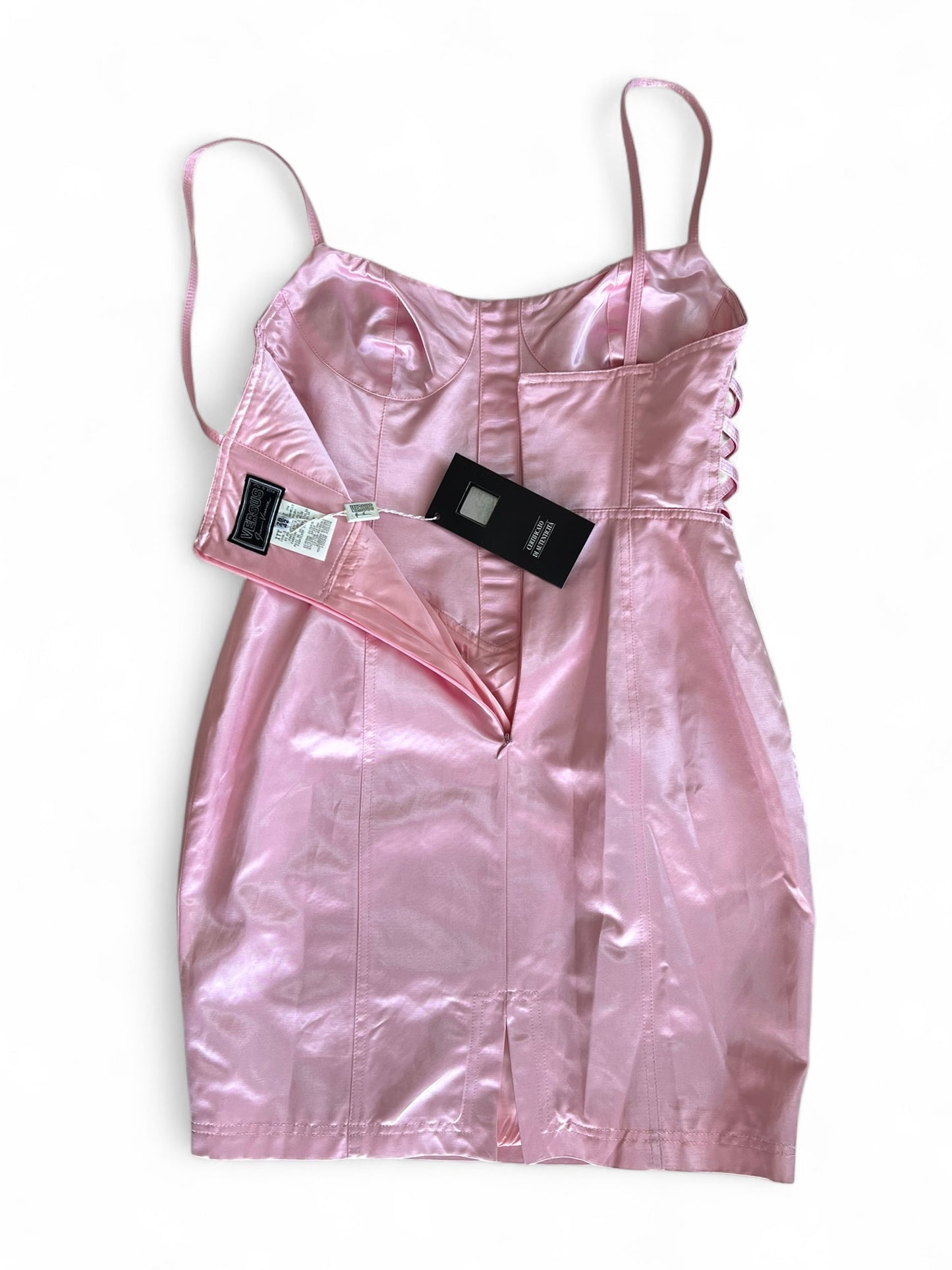 Vintage 1990s Versus by Gianni Versace Pink Satin Mini Dress and Cropped Jacket Set