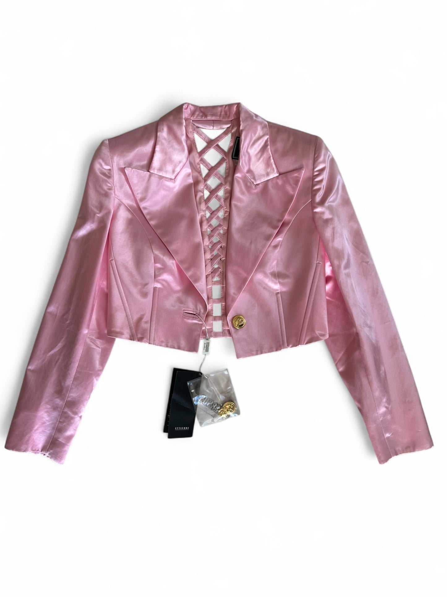 Vintage 1990s Versus by Gianni Versace Pink Satin Mini Dress and Cropped Jacket Set