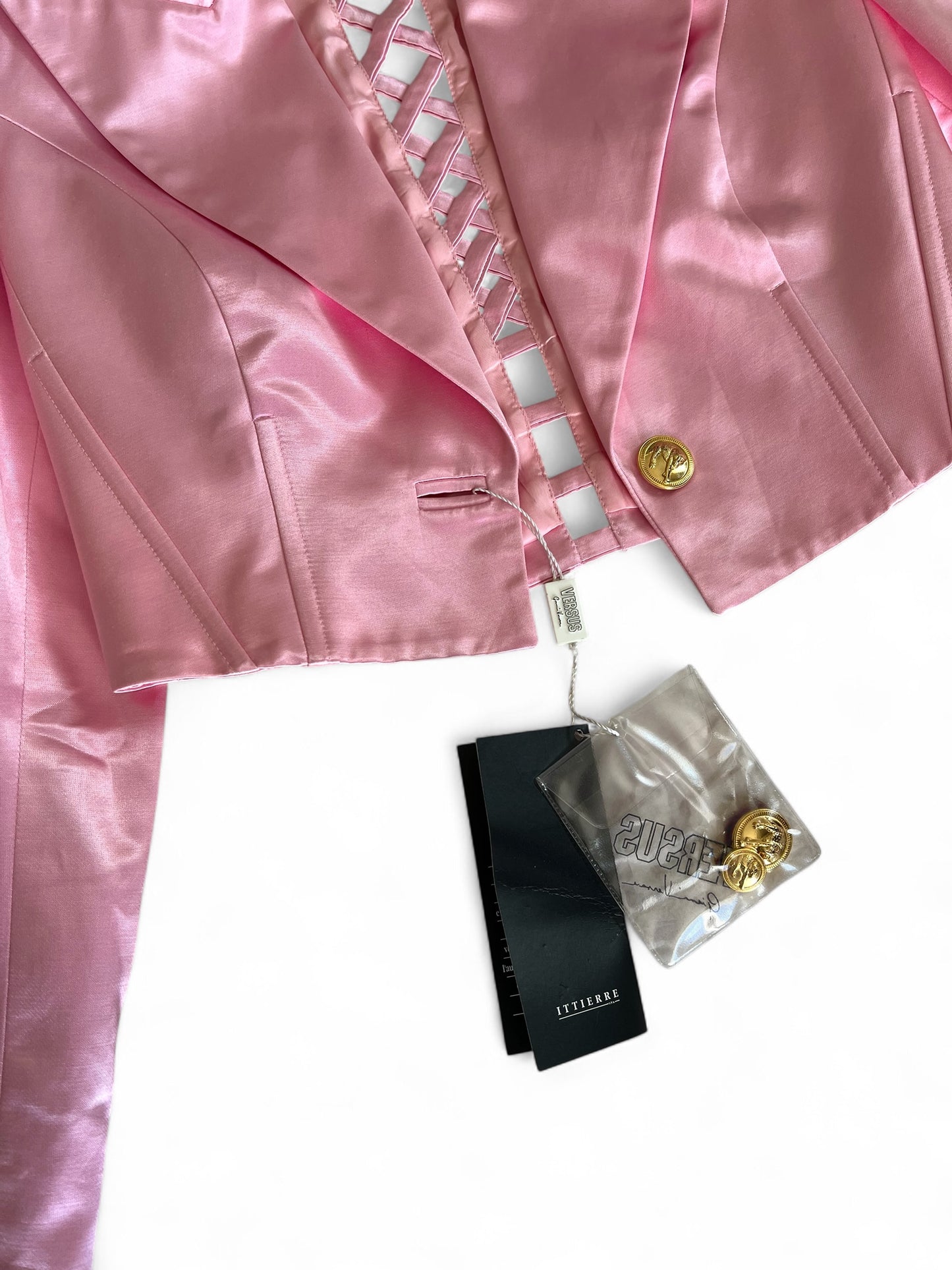 Vintage 1990s Versus by Gianni Versace Pink Satin Mini Dress and Cropped Jacket Set