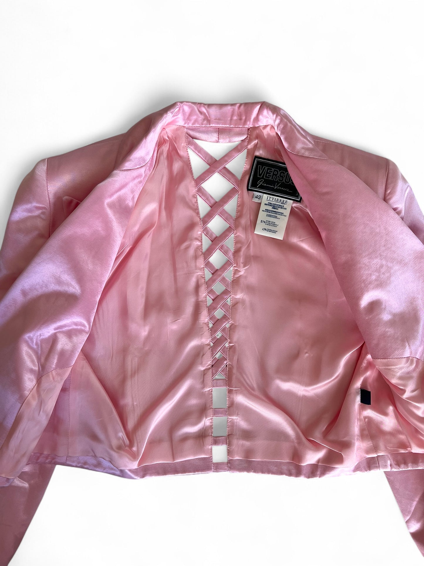 Vintage 1990s Versus by Gianni Versace Pink Satin Mini Dress and Cropped Jacket Set
