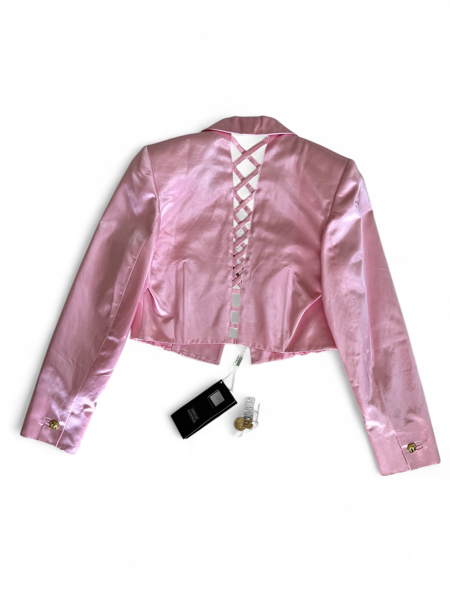 Vintage 1990s Versus by Gianni Versace Pink Satin Mini Dress and Cropped Jacket Set