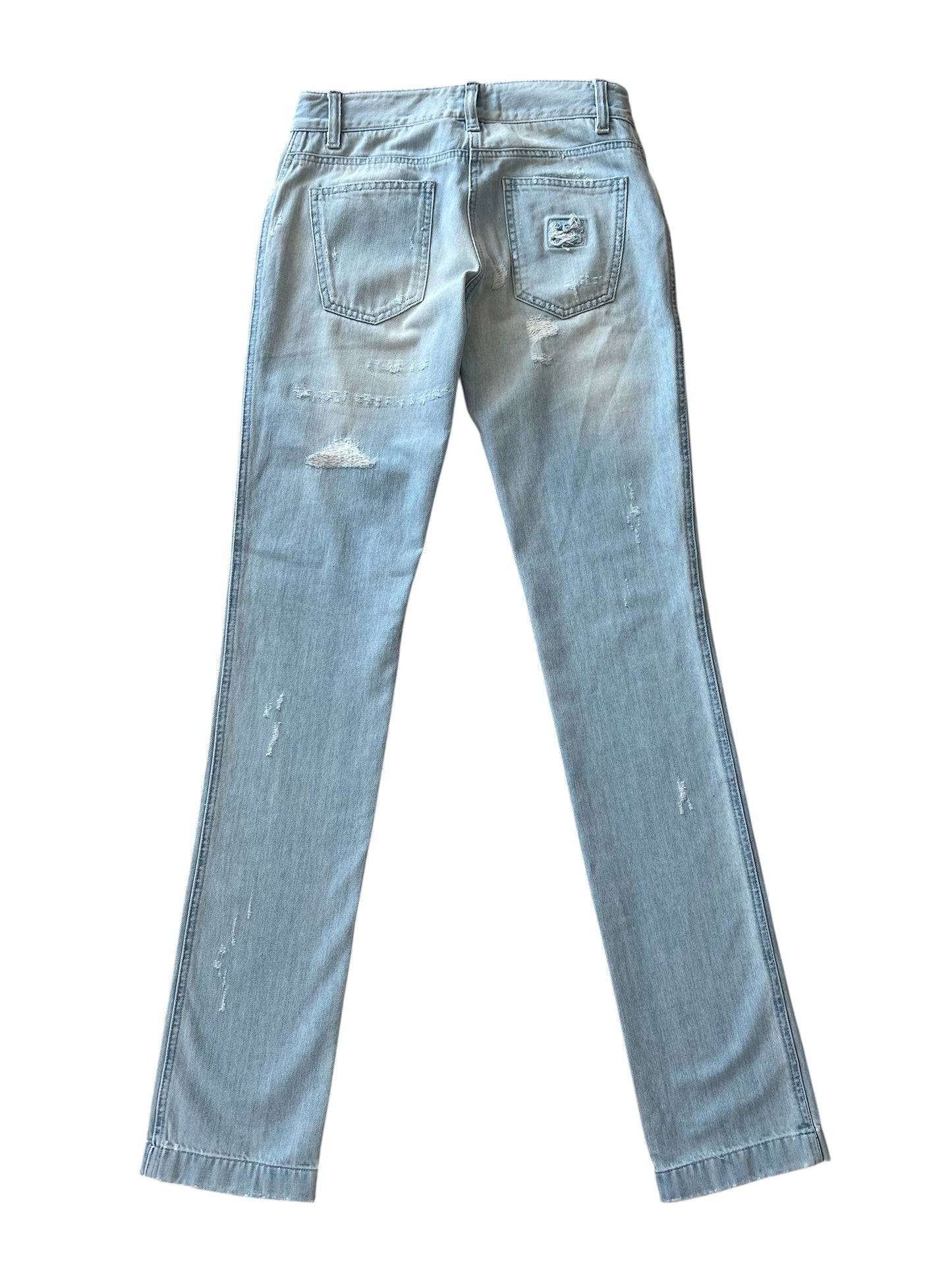 Dolce & Gabbana Vintage Crystal Embellished Jeans – Light Wash Distressed Denim with Gold & Crystal Studs – Made in Italy