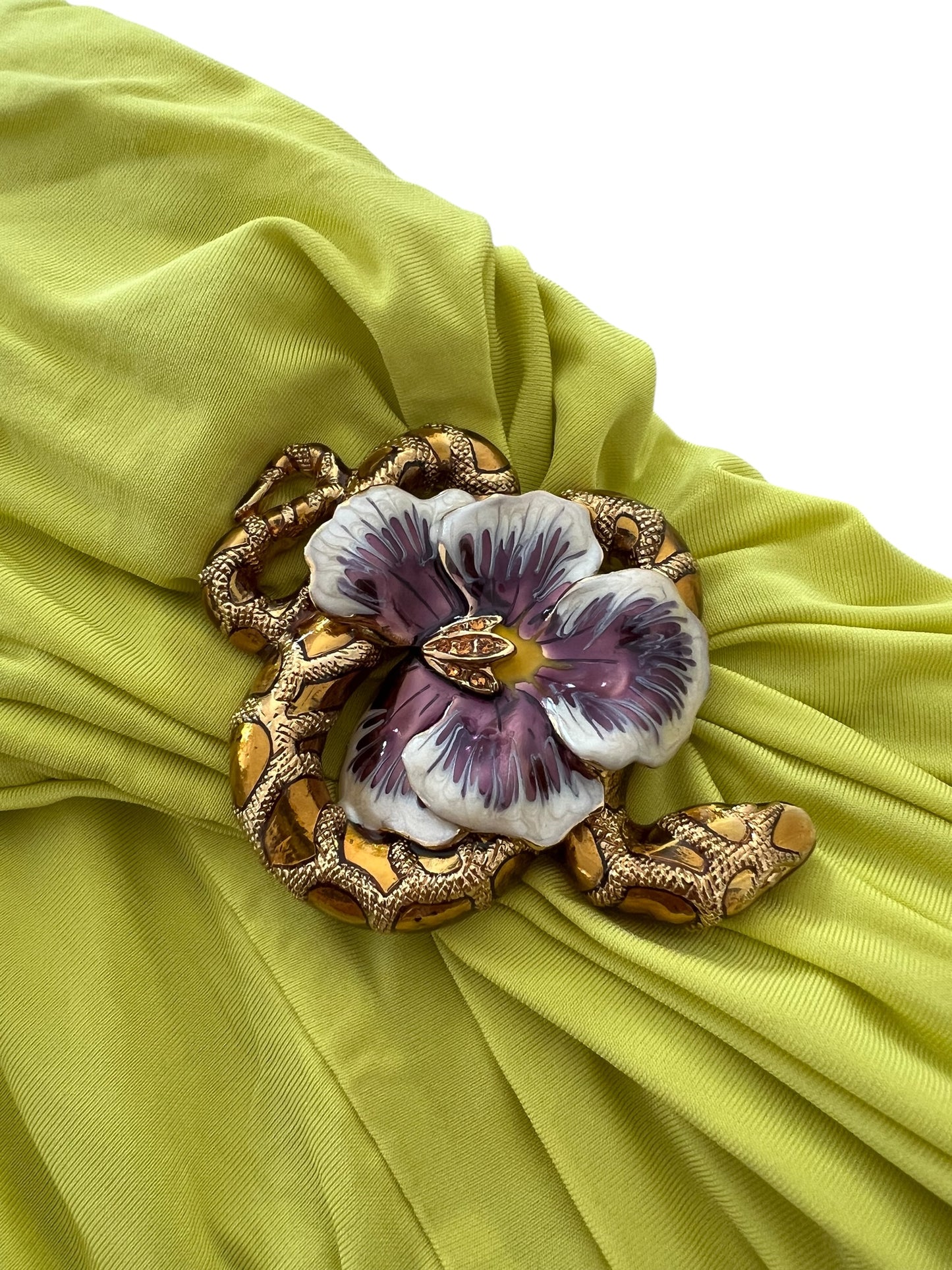 Roberto Cavalli Vintage Draped Top with Snake & Flower Brooch – Lime Green Off-Shoulder