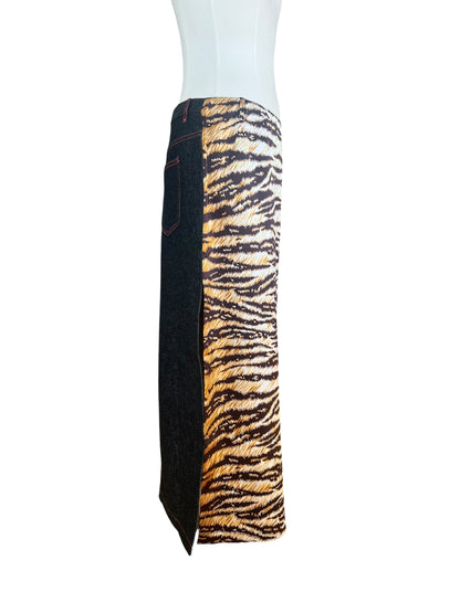Dolce & Gabbana Vintage Tiger Print & Denim Maxi Skirt – Y2K Patchwork Animal Print Skirt – Made in Italy