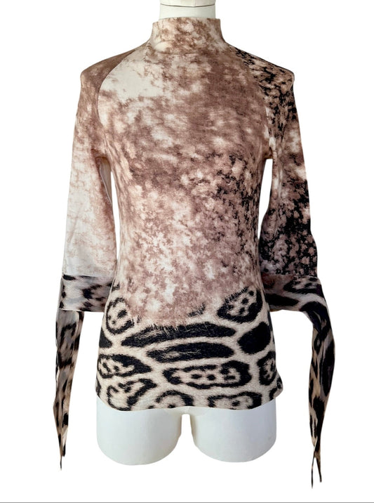 Roberto Cavalli 2001 Runway Style Animal Print Top – Tie Sleeve Y2K Vintage