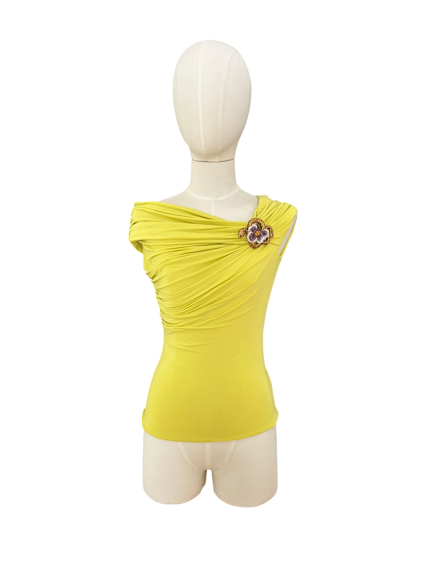 Roberto Cavalli Vintage Draped Top with Snake & Flower Brooch – Lime Green Off-Shoulder