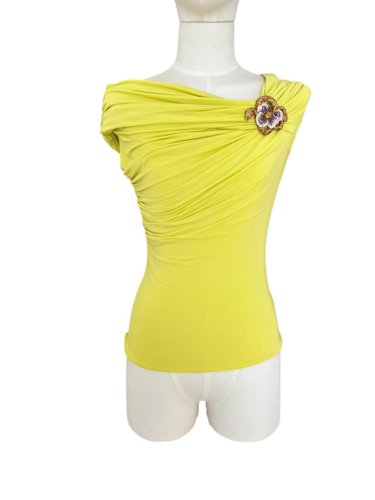 Roberto Cavalli Vintage Draped Top with Snake & Flower Brooch – Lime Green Off-Shoulder