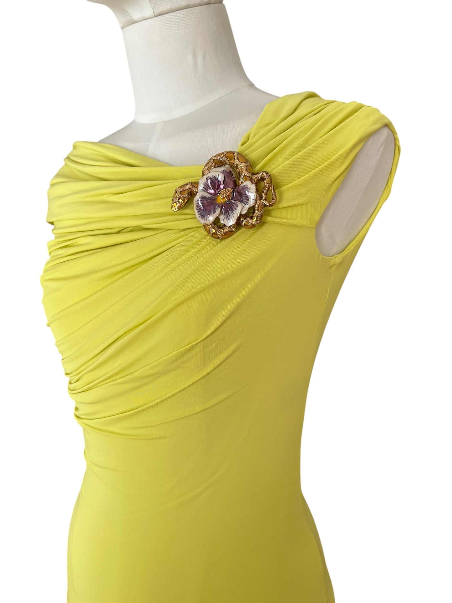 Roberto Cavalli Vintage Draped Top with Snake & Flower Brooch – Lime Green Off-Shoulder