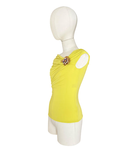 Roberto Cavalli Vintage Draped Top with Snake & Flower Brooch – Lime Green Off-Shoulder