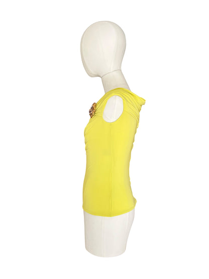 Roberto Cavalli Vintage Draped Top with Snake & Flower Brooch – Lime Green Off-Shoulder