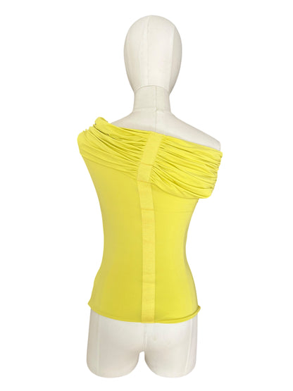 Roberto Cavalli Vintage Draped Top with Snake & Flower Brooch – Lime Green Off-Shoulder