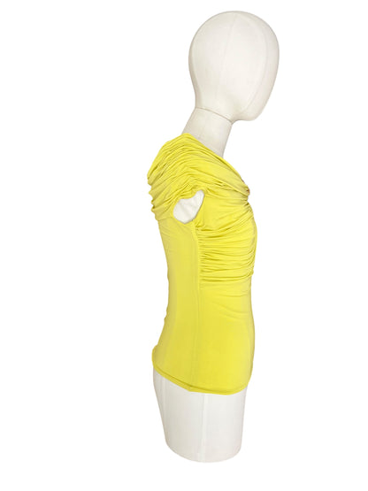 Roberto Cavalli Vintage Draped Top with Snake & Flower Brooch – Lime Green Off-Shoulder