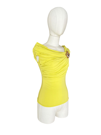 Roberto Cavalli Vintage Draped Top with Snake & Flower Brooch – Lime Green Off-Shoulder